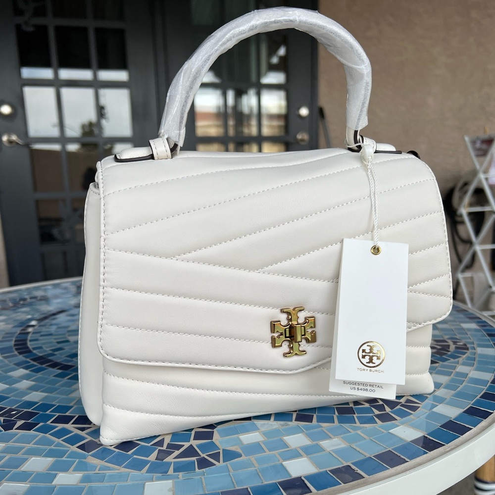 Tory Burch Kira Chevron Top Handle Satchel Ivory 2 Way Leather Shoulder Bag